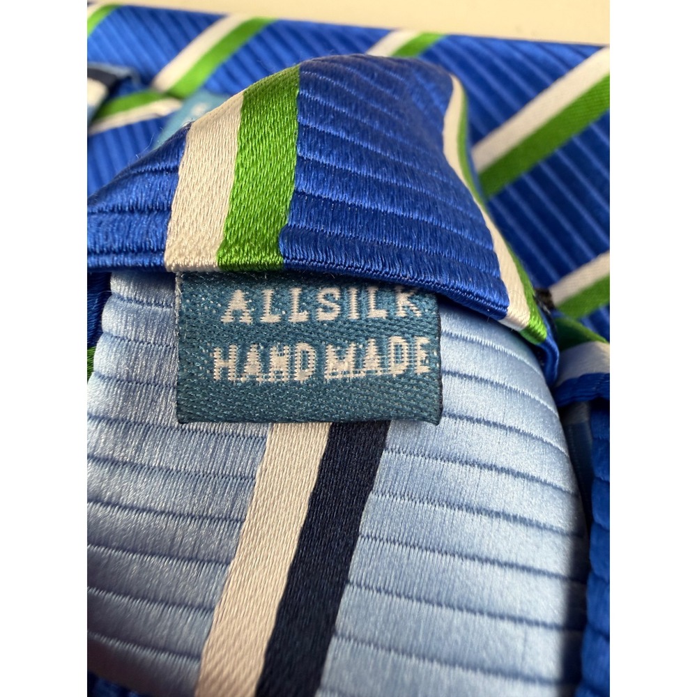 Haines & Bonner London Mens Silk Tie Blue Green White Striped Hand Made Ribbede - Picture 4 of 5
